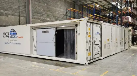 Modular cold storage container installation forming a SuperStore unit